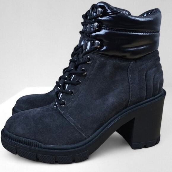NEW Marc Fisher LTD Velima Ankle Boot Size 9 Black Gray Leather Chunky Lug Sole - Picture 1 of 14